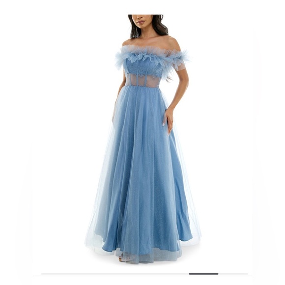 Juniors' Off-The-Shoulder Glitter Tulle Corset Gown - Picture 7 of 14
